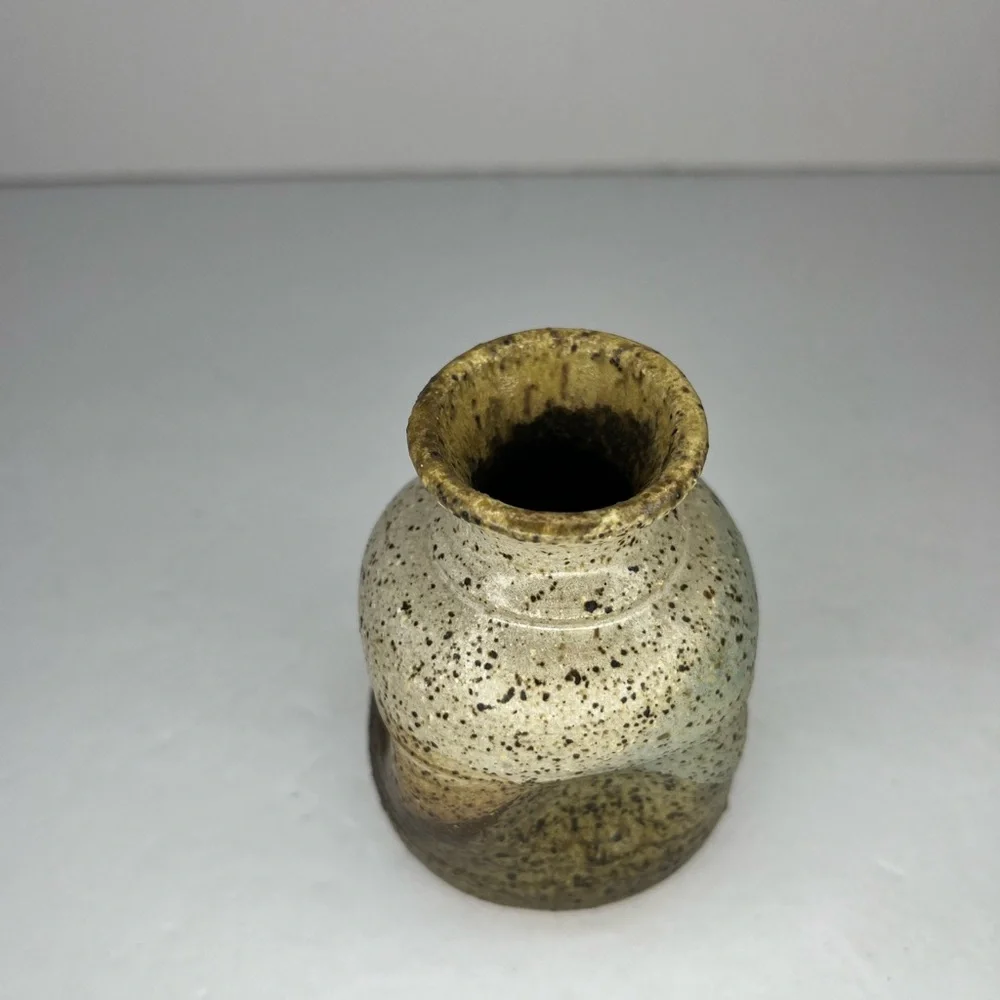 Vintage mid-century stoneware vase hand painted‎ abstract organic shape